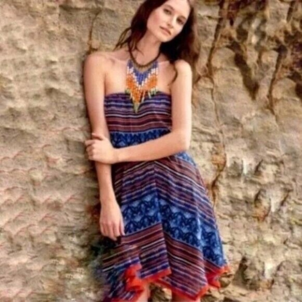 Maeve Dress Women Medium Blue Orange Ikat Strapless Handkerchief Hem Boho‎